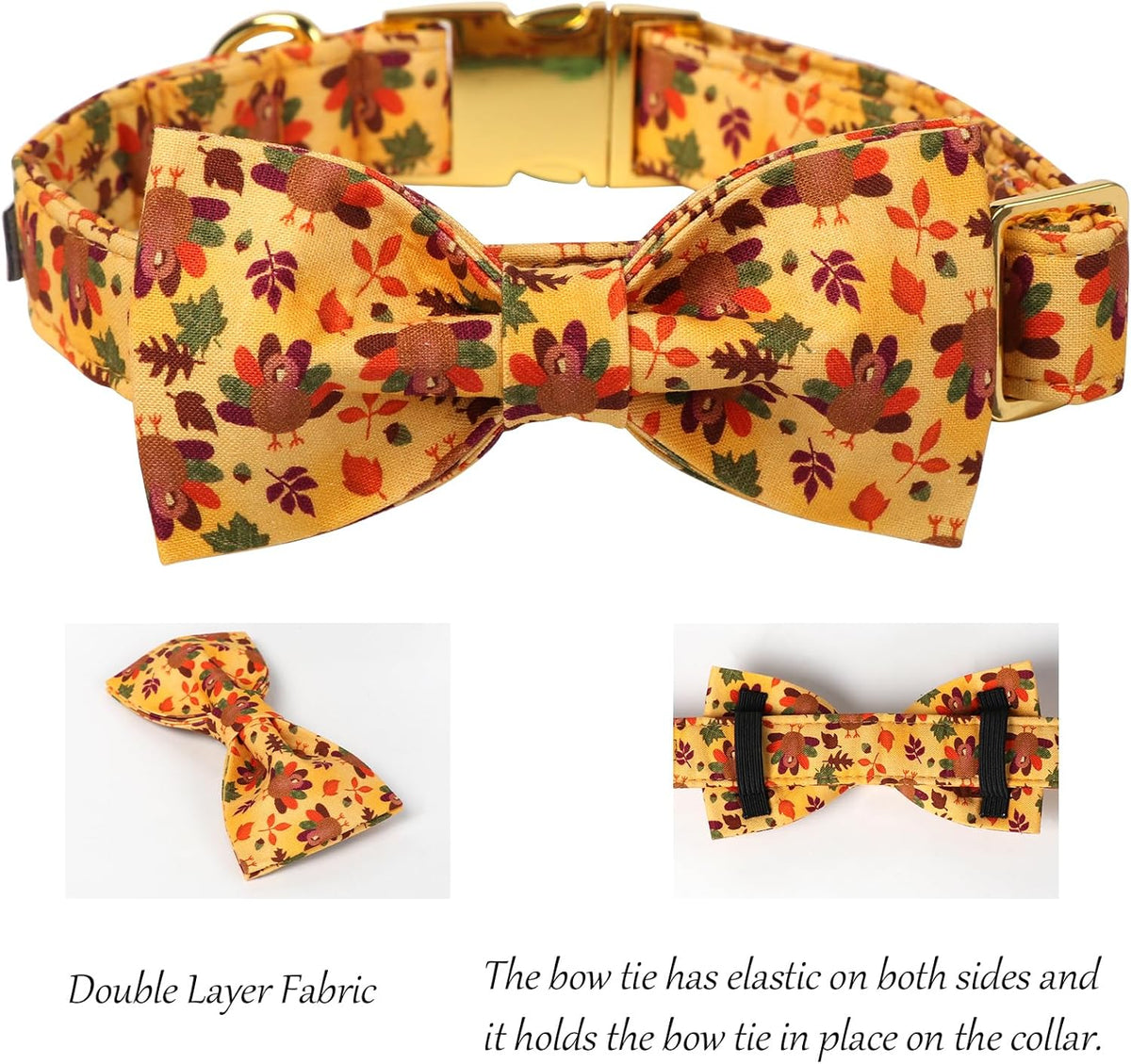 Lionet Paws Thanksgiving Day Dog Collar with Bowtie, Dogs Bowtie Collar with Metal Buckle for Dogs and Cats, Adjustable Comfortable Turkey Dog Collars Girl Boy, S, Neck 10-16 in