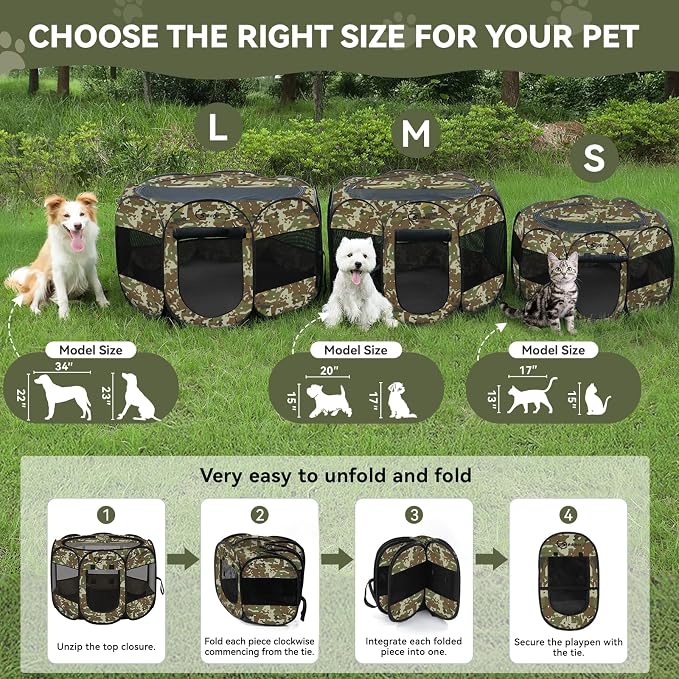 Siedihit Dog Cat Playpen, Medium Puppy Pet Playpen, Dog Crate Tent Cage | Indoor/Outdoor, Portable Pop Up Dogs Kennel Playpen with Carrying Case for Dogs/Cats/Rabbits(Green Camo, Medium)