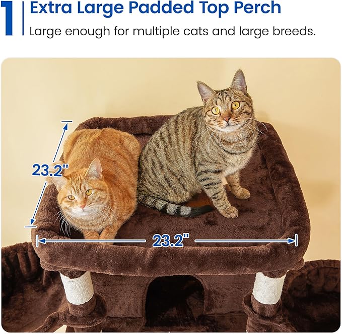 MWPO Extra Large Cat Tree, 77.6-Inch Tall Cat Tower for Indoor Cats with 2 Condos, Multi-Level Cat Stand for Large Cats, 3 Hammocks, Wide Perch, Scratching Posts, Dangling Toys, Brown