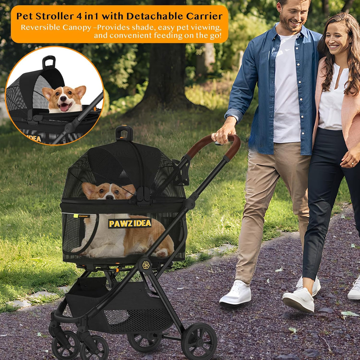 PAWZIDEA Dog Stroller 4 in 1, Pet Stroller for Cats with Detachable Carrier for Small/Medium Dogs/Cats, Seatbelt Car Seat Combo, Cozy House, Foldable & Lightweight Jogger Strollers, Storage Basket