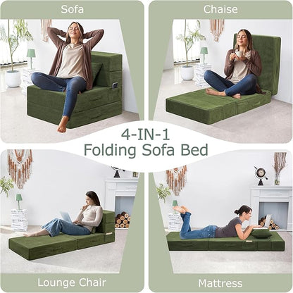 HILERO Folding Sofa Bed, 4 in 1 Convertible Sleeper Chair with Pillow, Single Memory Foam Fold Out Chair Bed, Modern Floor Futon Sofa Couch Mattress for Living Room/Guest/Apartment, Green