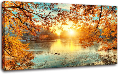 Yxbhhym-Landscape Tree Canvas Wall Art Fall Forest Sunset Wall Decor Poster Lake Water Pictures for bedroom wall decor Natural Scenery Paintings Artwork Large Living Room Decor Home Office Decoration