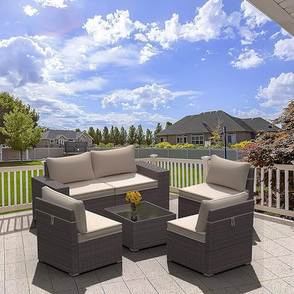 Kullavik Outdoor Patio Furniture Set 6 Pieces Sectional Rattan Sofa Set Brown PE Rattan Wicker Patio Conversation Set with 5 Seat Cushions and 1 Tempered Glass Table,Sand