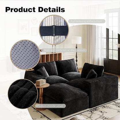 ZIGHTH 108" Plush Corduroy L Shaped Sectional Cloud Sofa Couch with Ottoman, Soft Deep Seat Modular Sectional Couches for Living Room,No Assembly. Black