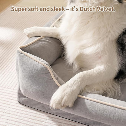 FAIRYPET Orthopedic Dog Bed for Medium to Large Dogs & Cats, Memory Foam Dog Bed with Washable Removable Cover, Top-Grade Dutch Velvet Fabric Pet Sofa Couch for Crate with Nonskid Bottom, Grey