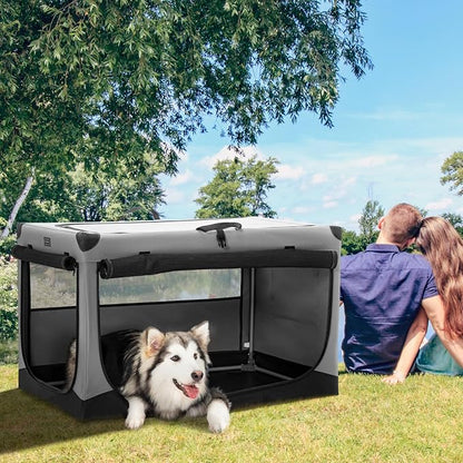 PETSFIT 40" Soft Portable Dog Crate – Patented Spiral Sturdy Frame, Collapsible Travel Kennel for Large Dogs, 3 Mesh Door, Lockable Zippers, Indoor & Car Use Gray