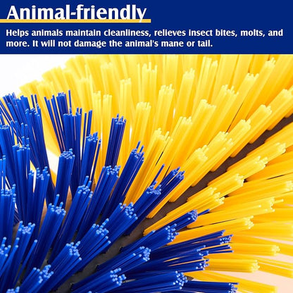 3 Pack Livestock Scratching Brush, Yellow and Blue | Animal Scratcher, Itch Relief Grooming, Horse Goat Cow Scratcher, Fence Post Mounting, Durable Bristles, Farm Livestock Care