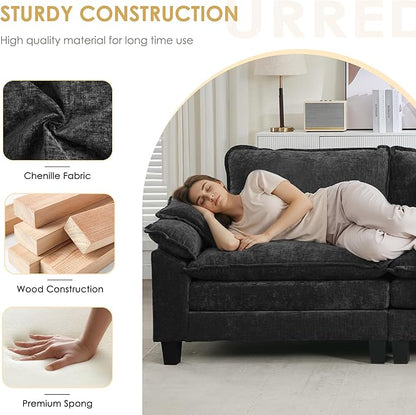 URRED Cloud Couch Modular Sectional Sofa, 87" Modern L Shaped Deep Seat Sofa with Ottoman & Pillows, Ultra Comfy Chenille Couches for Living Room, Bedroom or Apartment, Black