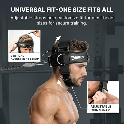 DMoose Fitness Neck Harness for Weight Lifting - Soft Padded Head & Chin Strap with 30" Heavy Duty Steel Chain - Neck Exerciser, Trainer & Strengthener to Support Injury Recovery and Intense Workouts