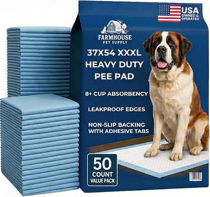 Pee Pads for Dogs Extra Large 37x54 XXXL 50 Count Leak Proof Heavy Duty | With adhesive tabs, 24 hour absorbent, disposable XXL puppy training pads for large dog breeds. 6-layer, non-slip backing