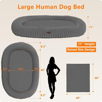 Human Dog Bed for Adult, Orthopedic Gel Memory Foam, 65"x41"x9" | Human Dog Bed Fits Adult & Pets, Reversible Egg-Crate Foam Cushion, Washable Pet Bed with Blanket, Medium Grey