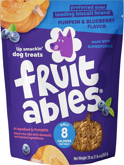 Fruitables Baked Dog Treats, Pumpkin Snacks for Dogs, Low Calorie & Delicious, No Wheat, Corn or Soy, Healthy Puppy Training Treats, Made in The USA, Pumpkin and Blueberry Flavor, 20oz