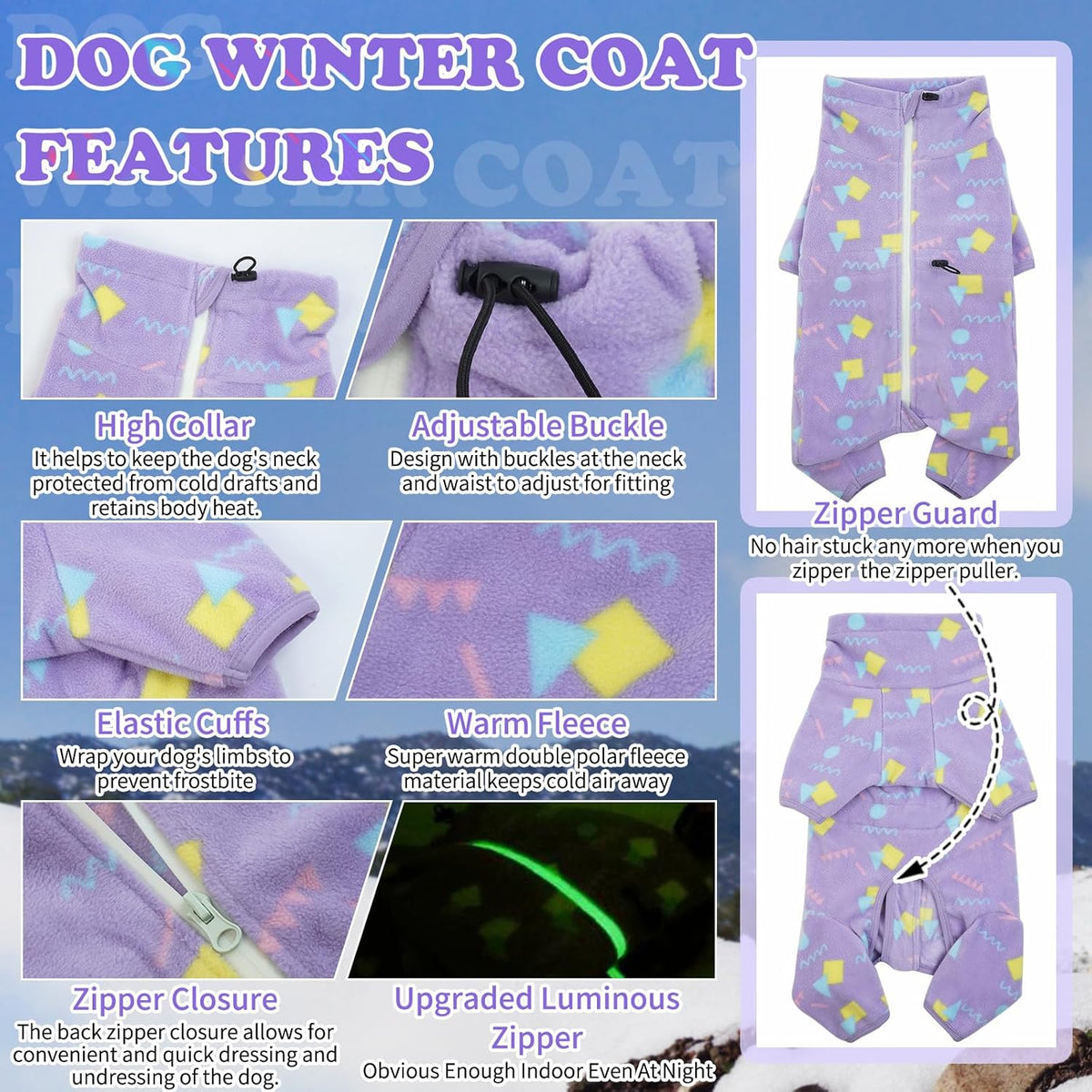 ROZKITCH Dog Pajamas Warm Coat, Pet Windproof Warm Cold Weather Jacket Vest with Luminous Zipper, Jumpsuit Apparel Outfit Clothes for Small Medium Large Dog Geometry S