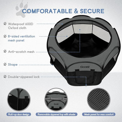 Goozii Portable Puppy Playpen Indoor, Small Dog Playpen, Pop Up Kitten Cat Play Pen Tent for Outdoor, Foldable Pet Cage Crate Kennel with Zip Gate Top Cover Bottom for Travel Camping RV Car (Black)