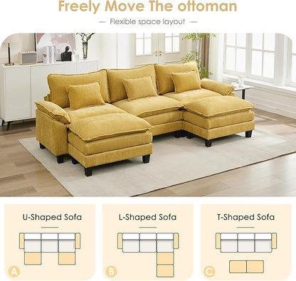 URRED Cloud Couch Modular Sectional Sofa, 122" Modern U Shaped Deep Seat Sofa with 2 Ottomans & Pillows, Ultra Comfy Chenille Couches for Living Room, Bedroom or Apartment, Yellow