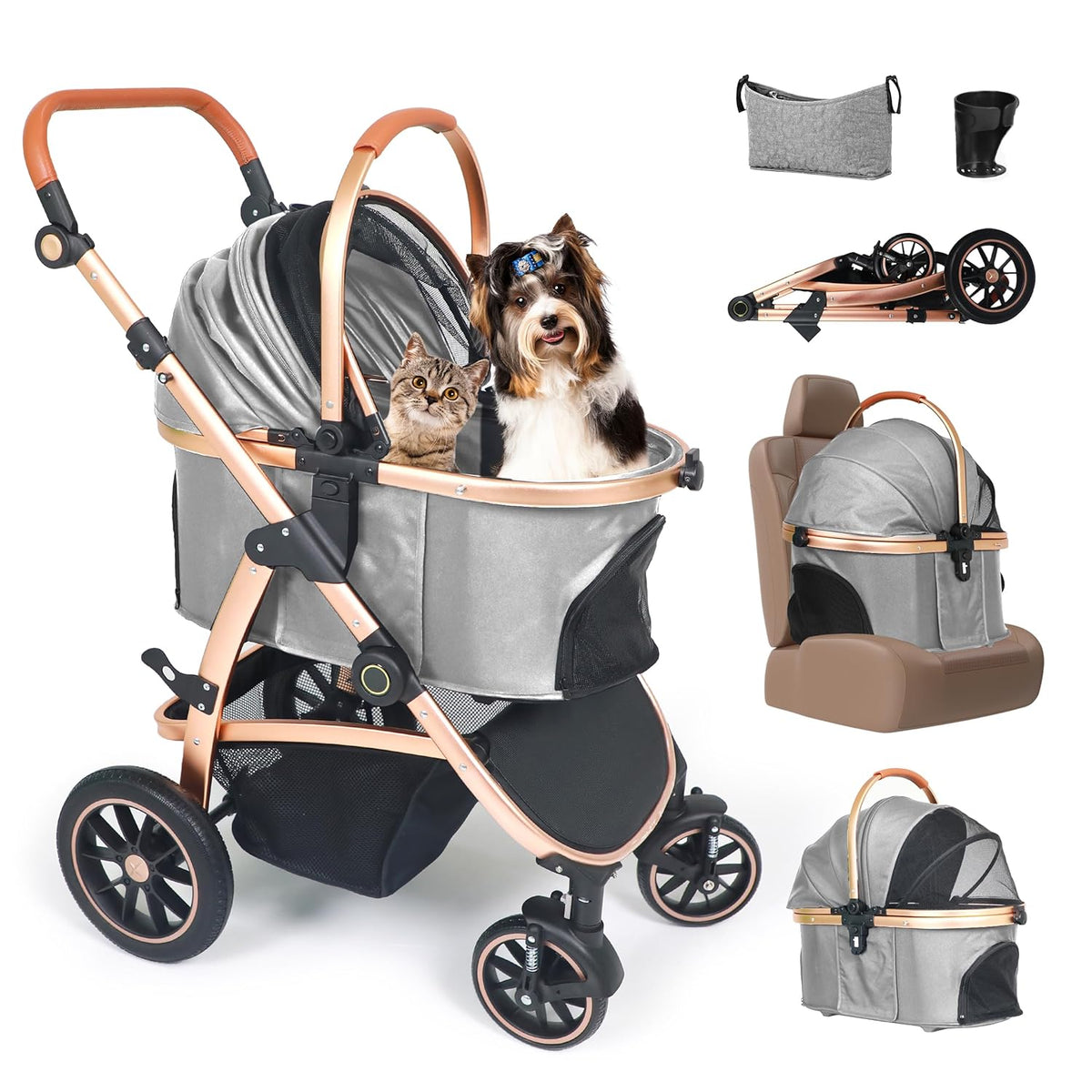 3 in 1 Pet Stroller - Stroller for Small to Medium Dogs and Cats up to 55 lbs, with Detachable Carrier/Car Seat, Foldable and Lightweight, Detachable Cushion + Cup Holder (Gray)
