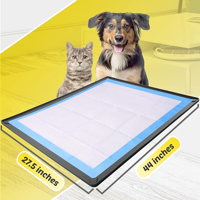 Dog Pee Pad Holder Tray Fits for 27.5” x 44” Pee Pads - 1 Pack - Grey | Corner Lock Holes, Raised Edges, Non-Spill, Easy to Clean Silicone Dog Potty Tray Holder, For Indoor Floor Protection