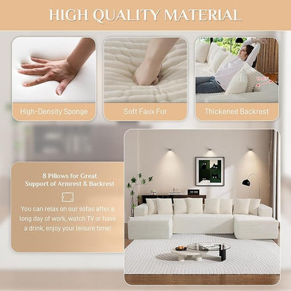Modular Sectional Sofa, 130" U Shaped Cloud Couch Plush Corduroy Comfy Deep Seat Boneless Sofas with 8 Pillows Double Chaise Lounge Sectional Couches with Memory Foam for Living Room - Beige White