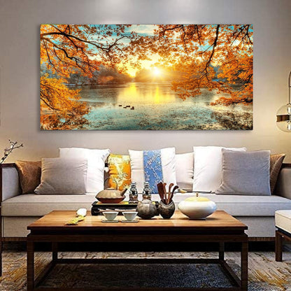 Yxbhhym-Landscape Tree Canvas Wall Art Fall Forest Sunset Wall Decor Poster Lake Water Pictures for bedroom wall decor Natural Scenery Paintings Artwork Large Living Room Decor Home Office Decoration