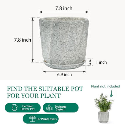 7.8 Inch Ceramic Plant Pot with Drainage Hole Mesh Net, Large Flower Pots for Indoor Plants with Saucer, Gardening Pots Outdoor(Gray-dot)