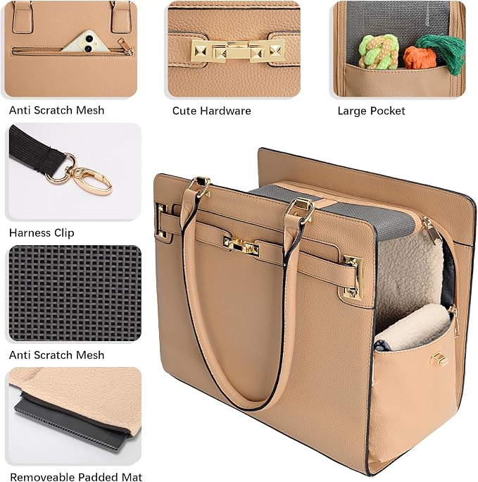 2-in-1 Stylish Dog Purse Carrier Soft-Sided Carriers Travel Tote Bag for Small Dogs Cats, Fashion Foldable Pet Bag for Puppies Small Animals with Pockets (Khaki, 15" L x 7.5" W x 12.2" H)