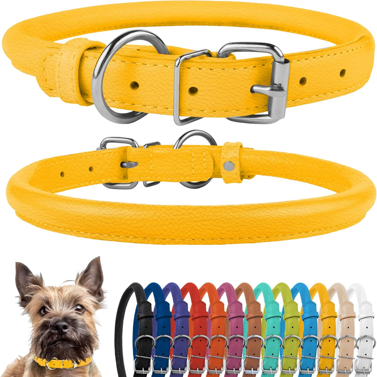 CollarDirect Rolled Leather Dog Collar, Soft Padded Round Puppy Collar, Handmade Genuine Leather Collar Dog Small Large Cat Collars 13 Colors (6-7 Inch, Yellow Textured)