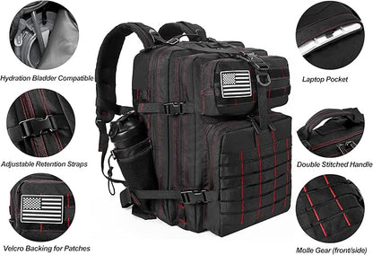 LHI Military Tactical Backpack for Men and Women 45L Army 3 Days Assault Pack Bag Large Rucksack with Molle System - Black With Red Line