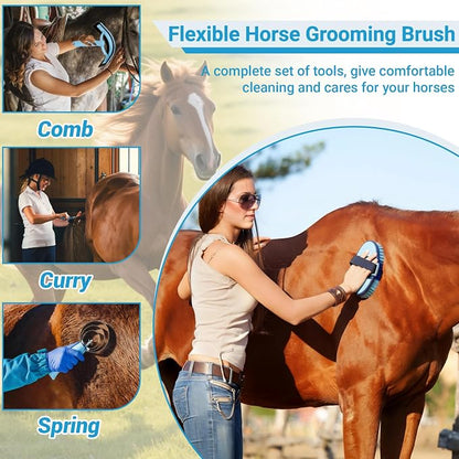 Horse Grooming Kit, 14-in-1 Professional Horse Brush Supplies Set for Grooming & Care, with Horse Brushes, Curry Comb, Hoof Pick & Waterproof Storage Tote Bag for Shining, Detangling, Massaging(Blue)