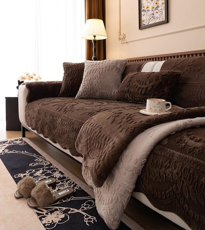 Fuzzy Rabbit Plush Sofa Cover Cozy Warm Sofa Couch Covers with 3D Jacquard Leaf Pattern Non-Slip Easy-to-Install Shaggy Sofa Slipcover Prefect for Kids Dogs Cats Cats(Caramel,36"x102")