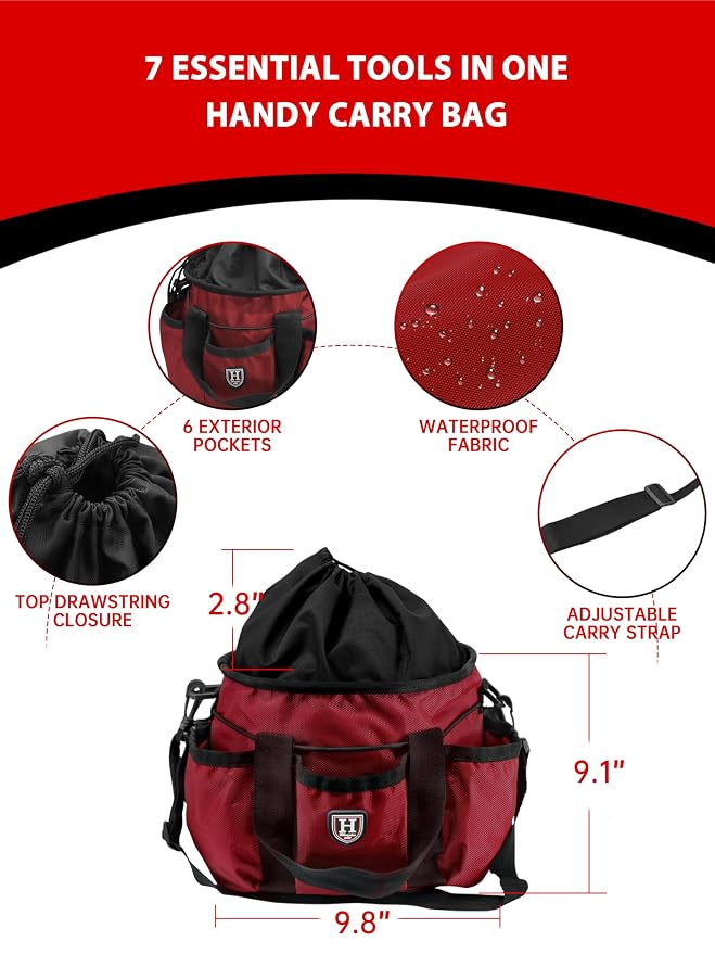 Harrison Howard Horse Grooming Brushes Kit 7 pieces with Organizer Tote Equine Care Series Horse Brush Sets Red