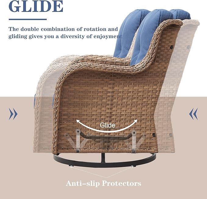 Belord Wicker Outdoor Furniture Patio Furniture Set - 6 Piece Patio Conversation Set with Swivel Rocker Chairs, Loveseat Sofa, Ottomans and Coffee Table, Blue Cushion