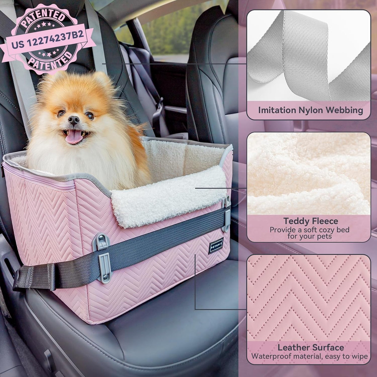 PETSFIT Dog Car Seats for Small Dogs, Portable Puppy Car Saet for Car with Clip-On Leash, Adjustable Straps Suitable for Small Pets Up to 25lbs (Light Pink)