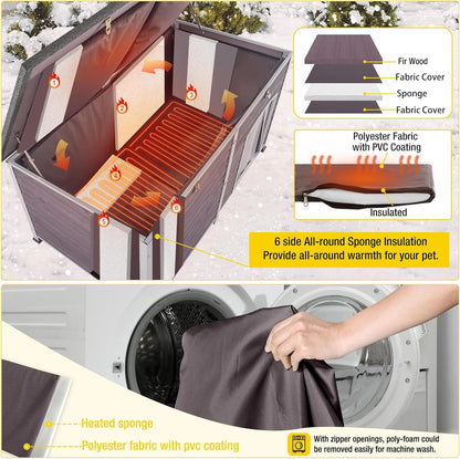 Aivituvin Dog House Insulated Outdoor Dog Kennel with Heated Liner for Winter 59" Extra Large Insulated Dog Cage with Heater,All-Around Iron Frame(Grey)