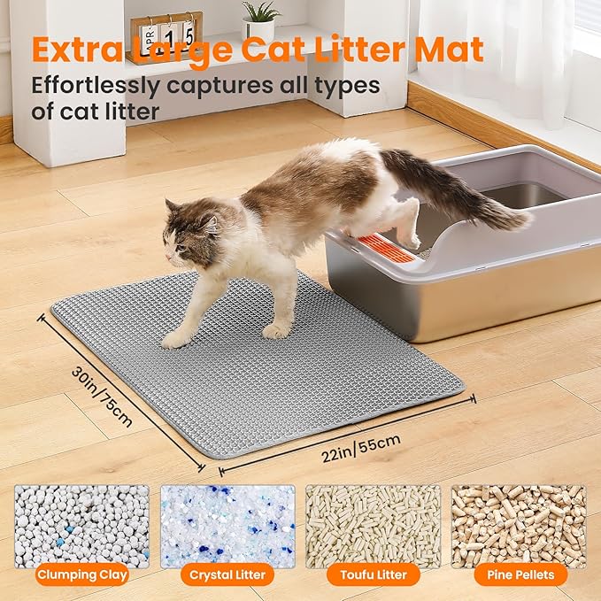 Extra Large Cat Litter Mat, 30x22 Inches Honeycomb Double Layer Cat Litter Trapping Mat, Non Slip Waterproof Urine Proof Large Kitty Litter Box Mat for Floor, Kitten Supplies, XL, Gray