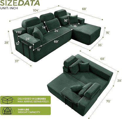 104" L-Shaped Cloud Modular Sectional Sofa with Chaise & Headrest, Boneless Deep Seat Plush Corduroy Couches for Large Living Room, No Assembly Required (Green, 104" L-shapred Chaise)