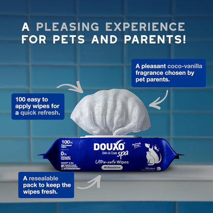 DOUXO® Skin & Coat SPA - Ultra-Safe Multipurpose Wipes for Dogs and Cats, 100 Wipes, Gently Removes Tear and Saliva Stains, Leaves the Coat and Skin Refreshed and Smelling Great, Skin-Friendly Formula