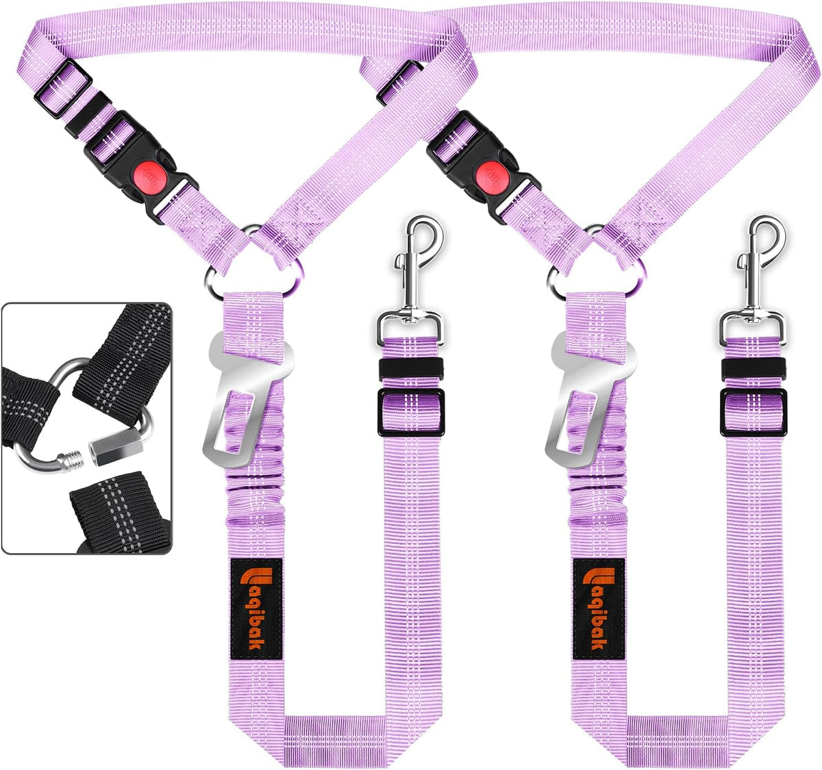 Removable Dog Seat Belt Harness for Car, 3 in 1 Pet Dog Car Seatbelt Leash, Retractable Restraint Secures to Vehicle Headrest & Adjustable Reflective Bungee Dog Seatbelt Tether, Purple