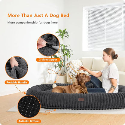 Human Dog Bed for Adult, Orthopedic Gel Memory Foam, 71"x47"x9" | Human Dog Bed Fits Adult & Pets, Reversible Egg-Crate Foam Cushion, Washable Pet Bed with Blanket, Dark Grey