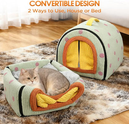 Dog House Indoor for Small Dogs, Green, Medium | 2-in-1 Enclosed Dog Bed with Cover Cave & Curtain, Dog Tent with Plush Washable Cushion, Inside Dog House for Pets