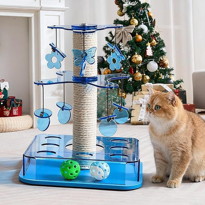 Modern 3-in-1 Interactive Cat Toy with Scratching Post, Cat Puzzle Toys for Indoor Cats with Colorful Jingle Balls, 2-Layer Spinning Teaser Disc with Dangling Toys, Acrylic, Blue