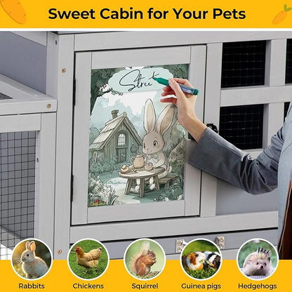 48" L Large Rabbit Hutch Outdoor Indoor, Expandable 2-Story Wooden Bunny Cage with Run, Removale Tray, 3 Entrances, Grey&Air Purifier
