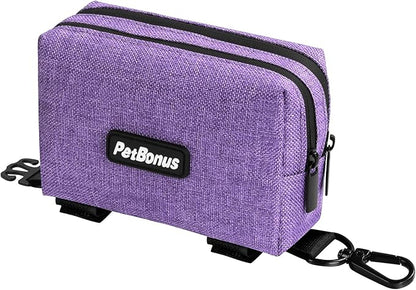 PetBonus Dog Poop Bag Holder, Portable Pet Waste Bag Dispenser, 2 Pouches for Treats and Walking Accessories, Fit All Leashes, Includes 1 Roll of Dog Poop Bags (Purple)