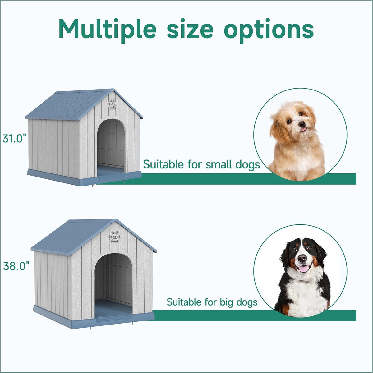DRATO Indoor Outdoor Waterproof Dog House,PP Material,Puppy Shelter with Air Vents and Elevated Floor,Sturdy Dog Kennel for Small to Large Sized Dogs, Easy to Assemble (Blue, 38.62×36.26×38.07 Inches)