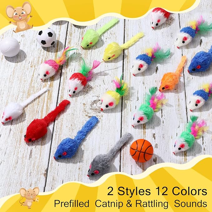 Syhood 120 Pcs Fur Mice Cat Toys Catnip Mouse Toys with Rattle Sound for Cats Mini Mice for Indoor Pets Kitten Interactive Play Assorted Color
