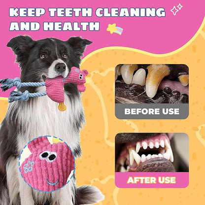 Squeak Plush Dog Toys for Small & Medium Breeds, Chew Rope to Keep Them Busy for Puppy Teething Chewing, Interactive Indoor/Outdoor Play, Best Pet Gift, Pink Deer