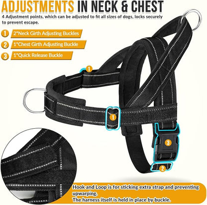 SlowTon No Pull Dog Harness with Front Clip - Heavy Duty, Soft Padded | Neck & Chest Adjustable, Tactical Pet Vest and Leash Set for Large Medium Sized Dogs, for Easy Walk & Training, Black XL