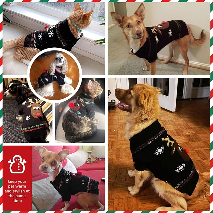 PETCARE Dog Christmas Sweater Black Ugly Funny Cute Cartoon Reindeer Cat Sweaters Jumper Holiday Dog Clothes Puppy Sweaters for Small Medium Large Dogs Fall Winter Outfits Xmas Dogs Costume,X-Small