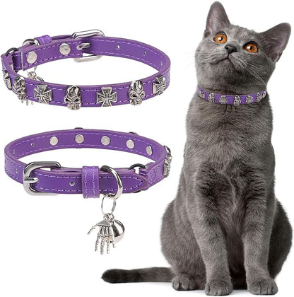 EXPAWLORER Leather Cat Collar for Girl Boy- Adjustable Pet Collar with Safety Elastic Belt,Personalized Punk Accessories Buckle Collars with Bell & Durable D-Ring, Skull(Purple)