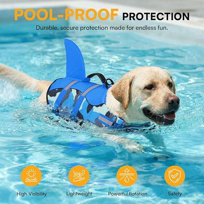 Dog Life Jacket Ripstop Dog Shark Safety Vest Adjustable Preserver with High Buoyancy and Durable Rescue Handle for Small,Medium,Large Dogs, Blue Camouflage Large