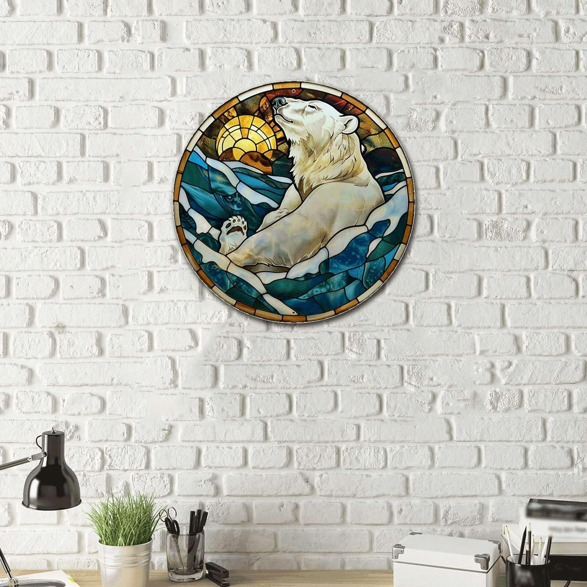 Lygond Metal Polar Bear Toilet Decor - Circular Stained Glass Tin Sign, 1212 Inches